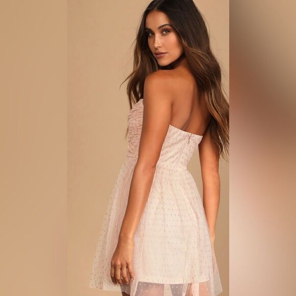 Lulus Destined for Dancing Pink Polka Dot Mesh Strapless Mini Tule Dress Size L - Picture 3 of 11